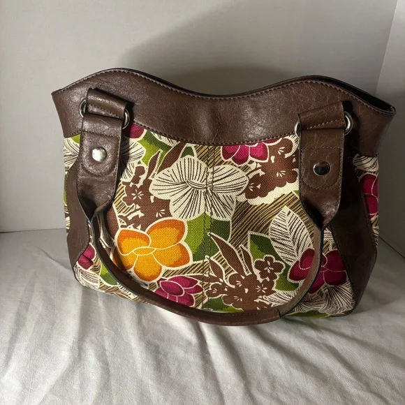 Relic Brand Shoulder Bag Tote Purse Flowered Canvas Faux Leather Tan Cream Fall - Picture 3 of 11